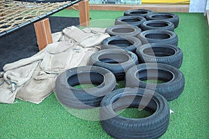 Some tyres arranged for the hula loop run