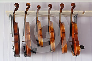 Some violins hanging in a luthier workshop