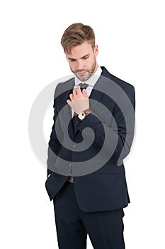 Some wardrobe classics never date. Lawyer wear classic suit isolated on white. Fashion look of handsome man. White