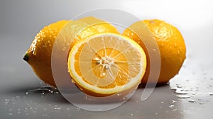 Some wet yellow color orange fruit and half cut of orange fruit or lemon looks fresh with some water drops, white background
