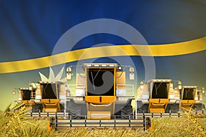 Some yellow farming combine harvesters on rye field with Nauru flag background - front view, stop starving concept - industrial 3D