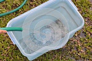 Someone hand holding green garden hose pouring water