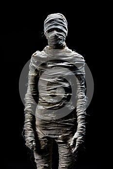 Someone in peices of cloths as mummy cosplay on black background