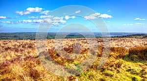 Somerset countryside view from Black Down Mendip Hills in colourful HDR