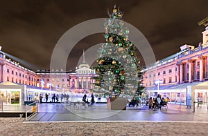 The Somerset House in London with a christmas tree and ice rink