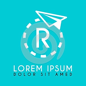 white paper plane logo with the letter R in the middle and the dashed plane path