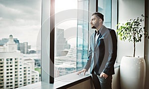 Sometimes youve got to risk it to rise. a young businessman looking thoughtfully out of an office window.