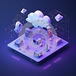 sometric 3D illustration that embodies the simplicity and power of cloud networking through minimalistic design