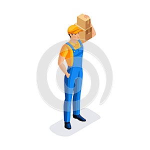 Sometric man in uniform hold many cardboard boxes with orders. Fast delivery van. Delivery man. 3D character of emotion. Vector