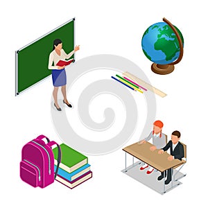 Sometric School lesson. Little students and teacher. Isometric Classroom with green chalkboard, teachers desk, pupils