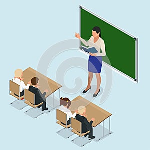 Sometric School lesson. Little students and teacher. Isometric Classroom with green chalkboard, teachers desk, pupils