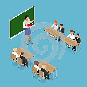 Sometric School lesson. Little students and teacher. Isometric Classroom with green chalkboard, teachers desk, pupils