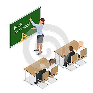 Lekcia. malý študenti a učiteľ. izometrický trieda zelený učitelia písací stôl žiaci 