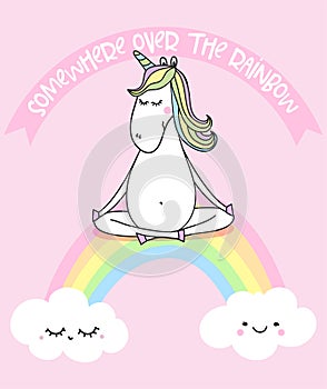 Somewhere over the rainbow - funny vector quotes and unicorn drawing.