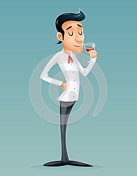 Sommelier Cartoon Gentleman Savor Drink Glass Relish Brew Wine Alcohol Icon Retro Vintage Cartoon Design Vector