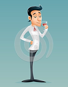 Sommelier Cartoon Gentleman Savor Drink Glass Relish Brew Wine Alcohol Icon Retro Vintage Cartoon Design Vector photo