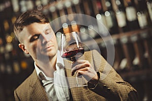 Sommelier consider red wine in bokal on background of shelves with bottles in cellar. Male appreciating color, smell