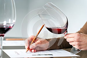 Sommelier evaluating red wine.