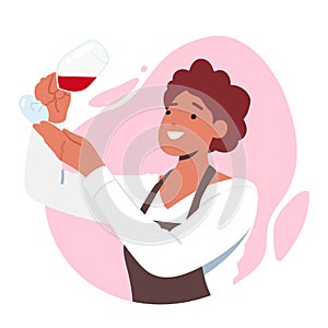 Sommelier Female Character Tasting Wine Concept. Specialist Looking on Color of Beverage in Wineglass Illustration