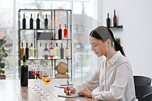 Sommelier making notes during wine tasting at table indoors