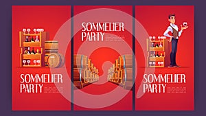 Sommelier party cartoon posters, ads invite flyers