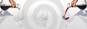 Sommelier pours red wine from decanter to wineglass on white background. panoramic shoot or banner.