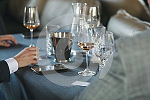 Sommelier school. Professional wine waiters are trained, close up. Winemaking courses, wine tasting.