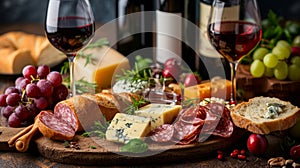 Sommelier-selected wines complement upscale dinner spreads featuring gourmet cheeses