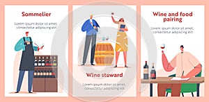 Sommelier or Stewards Wine Degustation Banners. Restaurant Expert Characters Serving Drinks, Provide Wine Service