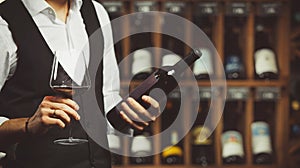 Sommelier tastes red wine and reads the label of the bottle, close-up shot on cellar background.