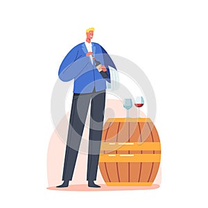 Sommelier or Wine Steward Holding Bottle Stand near Wooden Barrel with Wineglasses, Specialist Taster Character Tasting