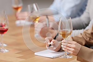 Sommeliers tasting different sorts of wine at table indoors, closeup