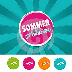 Sommer Aktion Banner und 10%, 20%, 30% & 40% reduziert Buttons. Eps10 Vector.