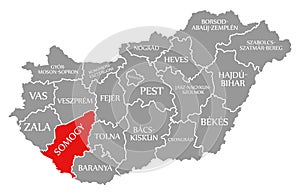 Somogy red highlighted in map of Hungary