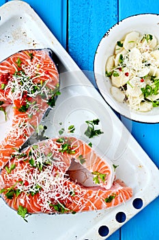 Somon on the baking sheet