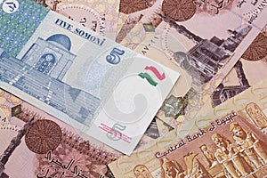 A somoni note from Tajikistan with Egyptian one pound bank notes