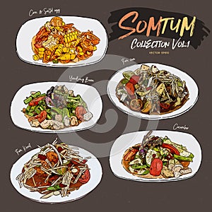 Somtum or papaya salad collection. Hand draw sketch vector photo