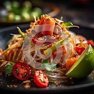 Somtum or papaya salad in Thai on wooden table .green papaya salad in plate on dark wooden background.Thai Food Concept.