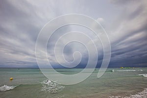 Son Bou beach at noon on a clody day, south of Minorca, Menorca, Balearic Islands, Spain