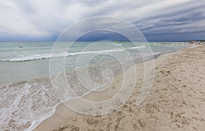 Son Bou beach at noon, on a clody day, south of Minorca, Menorca, Balearic Islands, Spain