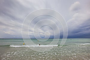 Son Bou beach at noon, on a clody day, south of Minorca, Menorca, Balearic Islands, Spain