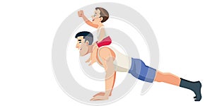 Son character ride father like horse. The man pushup from the floor with the boy on his back. Concept Fatherhood child