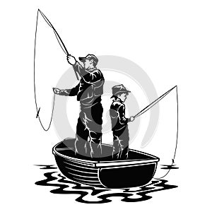 Son and Dad in boat - fishing design - father and son fishermans photo