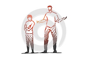 Son, dad, child, angry, scold, naughty concept. Hand drawn isolated vector.