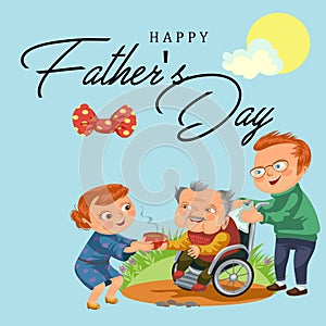 Son and daughter care disable parent, dad sitting in wheelchair, happy fathers day background, senior handicap man woman