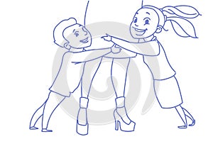 Son daughter embracing mom legs happy family together mother day concept sketch doodle