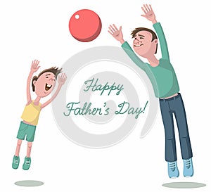 Son and father play ball over white background. Happy Father`s Day