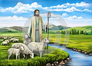 Son of God, the Lord is my shepherd, Jesus Christ with a flock of sheep, symbol of Christianity hand drawn art photo