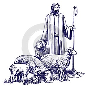 Son of God, the Lord is my shepherd, Jesus Christ with a flock of sheep, symbol of Christianity hand drawn vector