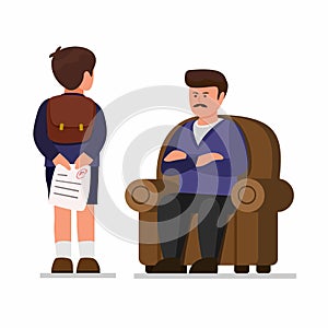Son hiding exam paper bad grades from parent, child bring bad grades and fail in study class cartoon flat illustration vector isol